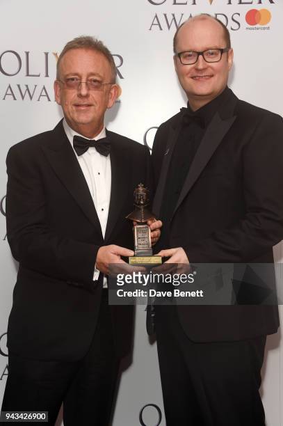 Michael Harris and Nick Thomas, winners of the Best Entertainment and Family award for "Dick Whittington, pose in the press room during The Olivier...