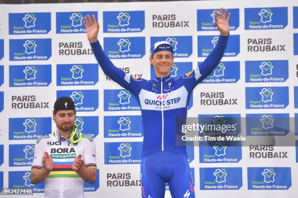 Podium / Peter Sagan of Slovakia and Team Bora - Hansgrohe / Niki Terpstra of The Netherlands and Team Quick-Step Floors / Celebration / during the...