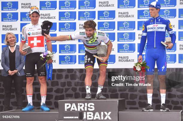 Podium / Silvan Dillier of Switzerland and Team AG2R La Mondiale / Peter Sagan of Slovakia and Team Bora - Hansgrohe / Niki Terpstra of The...