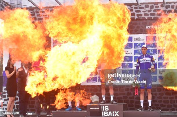 Podium Flames / Niki Terpstra of The Netherlands and Team Quick-Step Floors / Celebration / during the 116th Paris to Roubaix 2018 a 257km race from...
