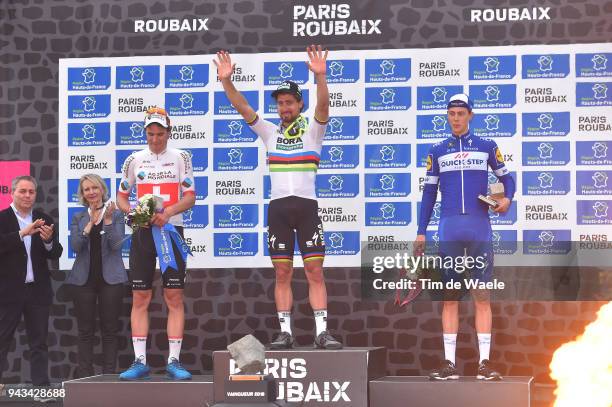 Podium / Silvan Dillier of Switzerland and Team AG2R La Mondiale / Peter Sagan of Slovakia and Team Bora - Hansgrohe / Niki Terpstra of The...