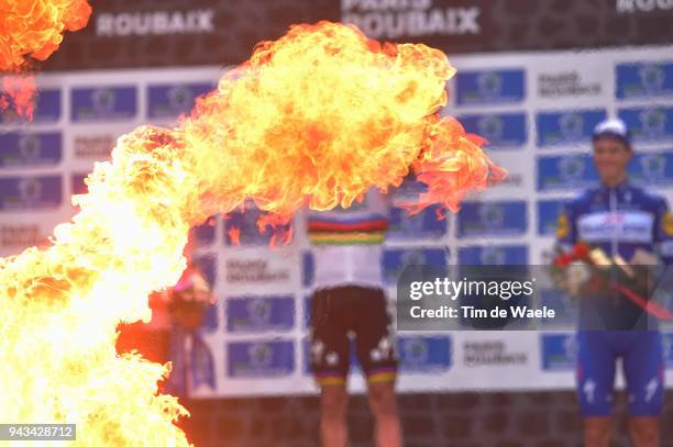 Podium Flames / Peter Sagan of Slovakia and Team Bora - Hansgrohe / Niki Terpstra of The Netherlands and Team Quick-Step Floors / Celebration /...