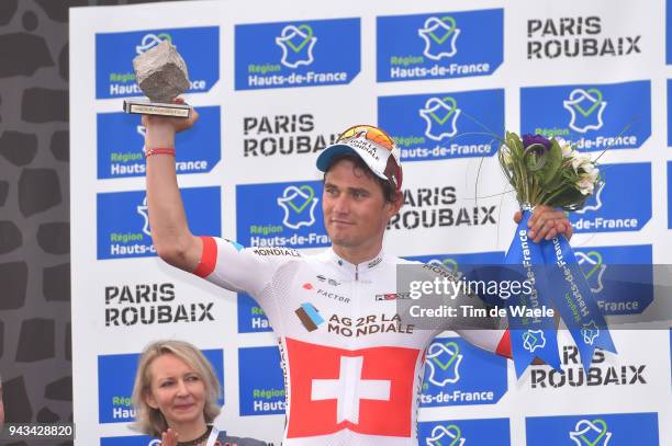 Podium / Silvan Dillier of Switzerland and Team AG2R La Mondiale / Celebration / during the 116th Paris to Roubaix 2018 a 257km race from Compiegne...