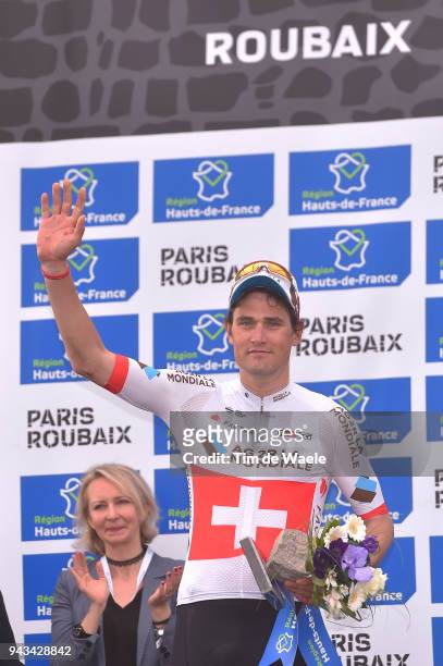 Podium / Silvan Dillier of Switzerland and Team AG2R La Mondiale / Celebration / during the 116th Paris to Roubaix 2018 a 257km race from Compiegne...