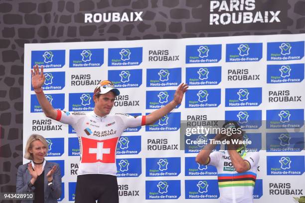 Podium / Silvan Dillier of Switzerland and Team AG2R La Mondiale / Celebration / during the 116th Paris to Roubaix 2018 a 257km race from Compiegne...