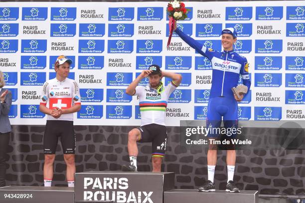 Podium / Silvan Dillier of Switzerland and Team AG2R La Mondiale / Peter Sagan of Slovakia and Team Bora - Hansgrohe / Niki Terpstra of The...