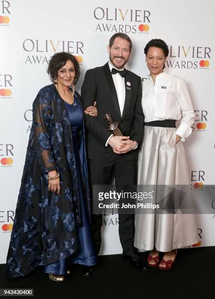 Meera Syal, Bertie Carvel, winner of the Best Actor in a Supporting Role award for 'Ink', and Nina Sosanya pose in the press room during The Olivier...