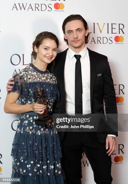 Francesca Velicu, winner of the Outstanding Achievement In Dance award, and Sergei Polunin pose in the press room during The Olivier Awards with...