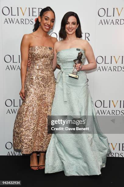 Pearl Mackie and Laura Donnelly, winner of the Best Actress award for "The Ferryman", pose in the press room during The Olivier Awards with...