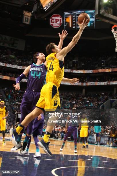 Bojan Bogdanovic of the Indiana Pacers goes to the basket against Frank Kaminsky of the Charlotte Hornets on April 8, 2018 at Spectrum Center in...