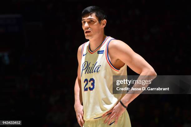 Ersan Ilyasova of the Philadelphia 76ers looks on during the game against the Dallas Mavericks on April 8, 2018 at Wells Fargo Center in...