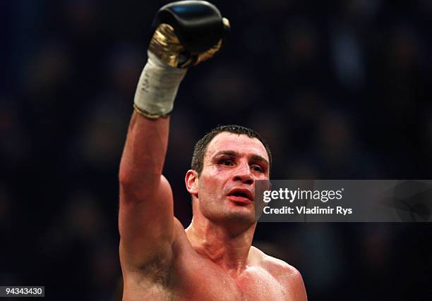 Vitali Klitschko of Ukraine celebrates after winning his WBC World Championship Heavyweight title fight against Kevin Johnson of the USA at...