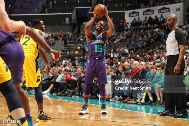Kemba Walker of the Charlotte Hornets handles the ball against the Indiana Pacers on April 8, 2018 at Spectrum Center in Charlotte, North Carolina....