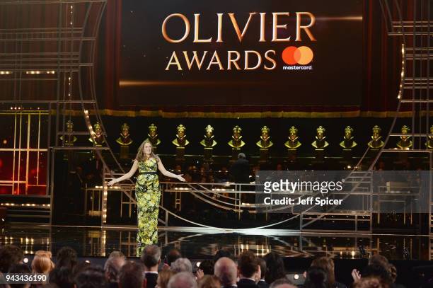 Host Catherine Tate speaks on stage during The Olivier Awards with Mastercard at Royal Albert Hall on April 8, 2018 in London, England.