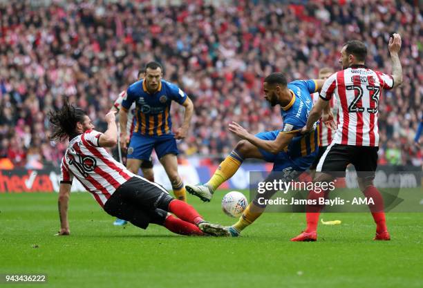 Stefan Payne of Shrewsbury Town has a last minute shot blocked by Michael Bostwick of Lincoln City during the Checkatrade Trophy Final between...