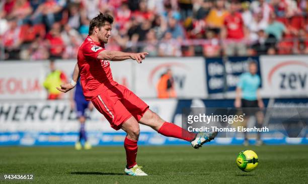 Ronny Koenig of Zwickau plays the ball during the 3. Liga match between FSV Zwickau and VfL Osnabrueck at Stadion Zwickau on April 8, 2018 in...