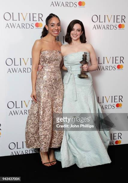 Laura Donnelly, winner of the Best Actress award for 'The Ferryman', and Pearl Mackie pose in the press room during The Olivier Awards with...