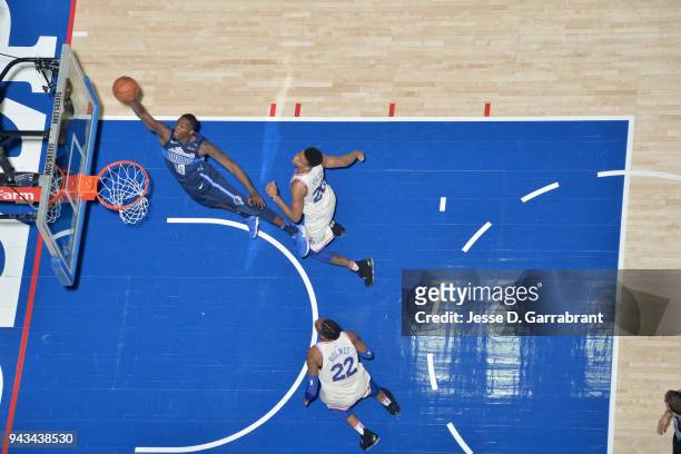 Dorian Finney-Smith of the Dallas Mavericks goes to the basket against the Philadelphia 76ers on April 8, 2018 at Wells Fargo Center in Philadelphia,...