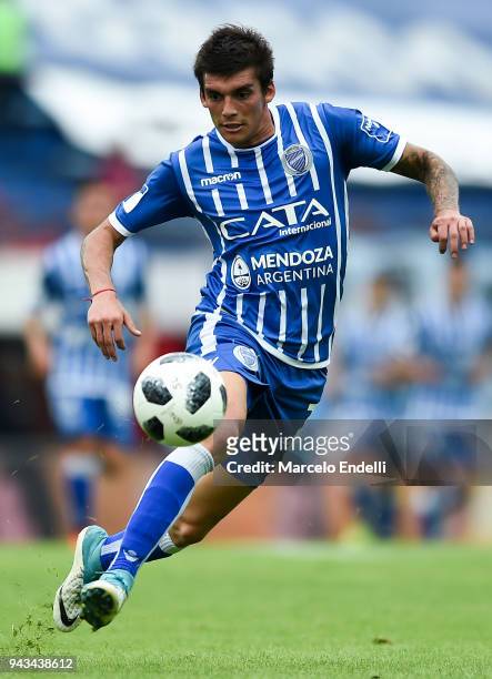 Juan Garro of Godoy Cruz drives the ball during a match between San Lorenzo and Godoy Cruz as part of Argentine Superliga 2017/18 at Pedro Bidegain...