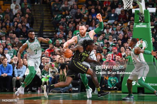 Taurean Prince of the Atlanta Hawks drives to the basket against the Boston Celtics on April 8, 2018 at the TD Garden in Boston, Massachusetts. NOTE...