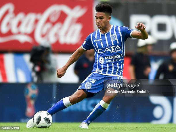 Guillermo Fernandez of Godoy Cruz kicks the ball during a match between San Lorenzo and Godoy Cruz as part of Argentine Superliga 2017/18 at Pedro...