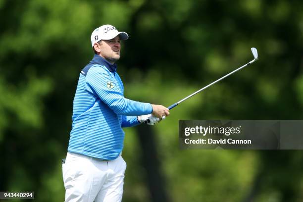 Bernd Wiesberger of Austria plays a shot on the fifth hole during the final round of the 2018 Masters Tournament at Augusta National Golf Club on...