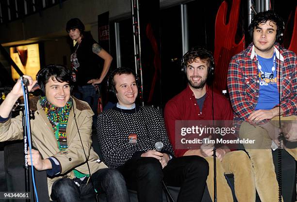 Ezra Koenig, Chris Baio, Chris Tomson, and Rostam Batmanglij of Vampire Weekend do a radio interview at Live 105's Not So Silent Night 2009 at the...