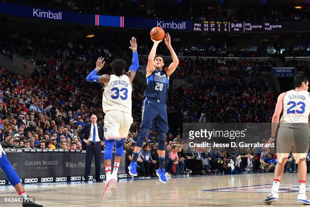 Doug McDermott of the Dallas Mavericks shoots the ball against the Philadelphia 76ers on April 8, 2018 at Wells Fargo Center in Philadelphia,...