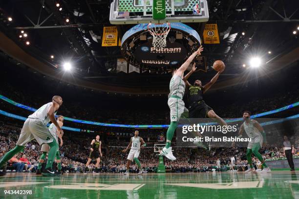 Isaiah Taylor of the Atlanta Hawks goes to the basket against the Boston Celtics on April 8, 2018 at the TD Garden in Boston, Massachusetts. NOTE TO...