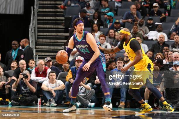 Frank Kaminsky of the Charlotte Hornets handles the ball against the Indiana Pacers on April 8, 2018 at Spectrum Center in Charlotte, North Carolina....