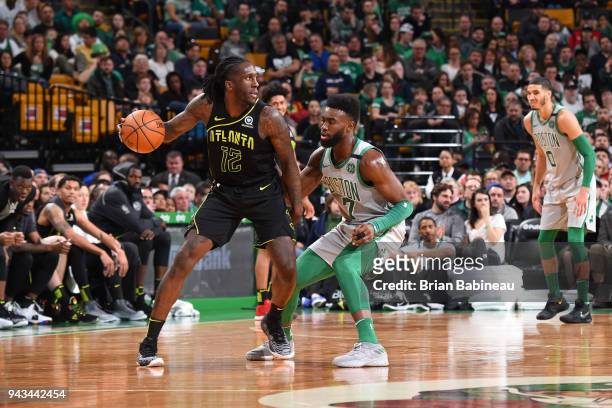 Taurean Prince of the Atlanta Hawks handles the ball against Jaylen Brown of the Boston Celtics on April 8, 2018 at the TD Garden in Boston,...