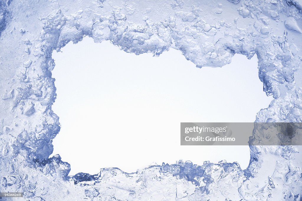 Blue ice framing blank pale blue background