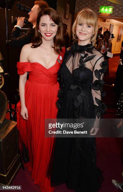 Ophelia Lovibond and Hannah Arterton pose in the press room during The Olivier Awards with Mastercard at Royal Albert Hall on April 8, 2018 in...