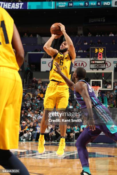 Cory Joseph of the Indiana Pacers shoots the ball against the Charlotte Hornets on April 8, 2018 at Spectrum Center in Charlotte, North Carolina....