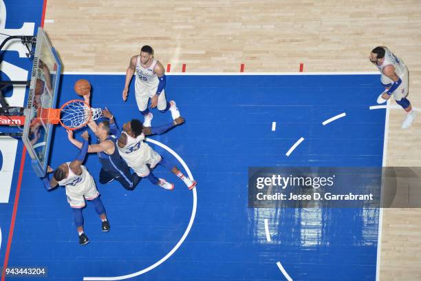 Dwight Powell of the Dallas Mavericks goes to the basket against the Philadelphia 76ers on April 8, 2018 at Wells Fargo Center in Philadelphia,...