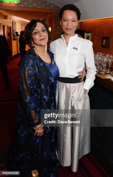 Meera Syal and Nina Sosanya pose in the press room during The Olivier Awards with Mastercard at Royal Albert Hall on April 8, 2018 in London, England.