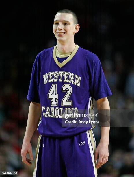 Jake Robinson of the Western Carolina Catamounts celebrates during the game against the Louisville Cardinals on December 12, 2009 at Freedom Hall in...