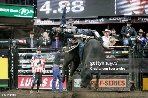 Claudio Montanha Jr. Rides bull Stunt Man Ray during round two of the 25th Professional Bull Riders Unleash The Beast, on April 7 at Denny Sanford...