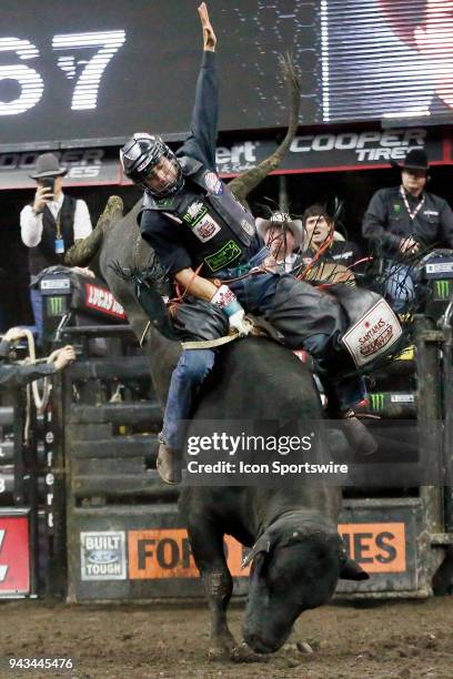 Claudio Montanha Jr. Rides bull Stunt Man Ray during round two of the 25th Professional Bull Riders Unleash The Beast, on April 7 at Denny Sanford...