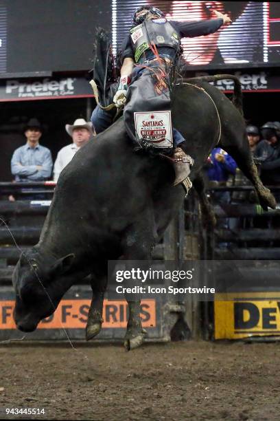 Claudio Montanha Jr. Rides bull Stunt Man Ray during round two of the 25th Professional Bull Riders Unleash The Beast, on April 7 at Denny Sanford...