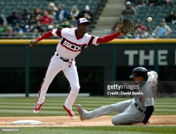 Leonys Martin of the Detroit Tigers steals second base as Tim Anderson of the Chicago White Sox takes the throw during the first inning on April 8,...