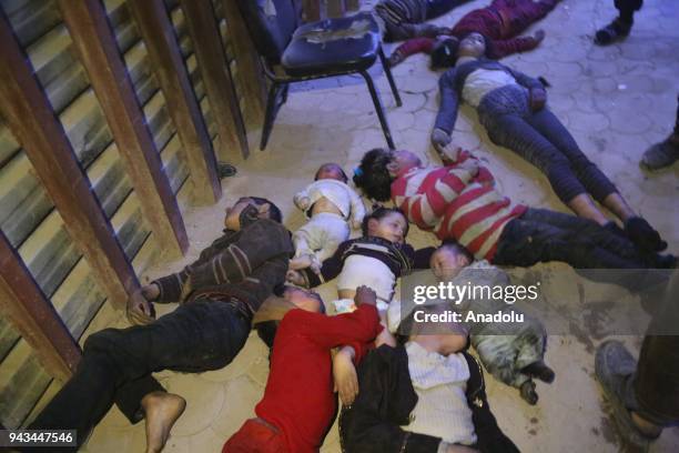 Dead bodies of Syrian kids are seen after Assad regime forces allegedly conducted poisonous gas attack to Douma town of Eastern Ghouta in Damascus,...