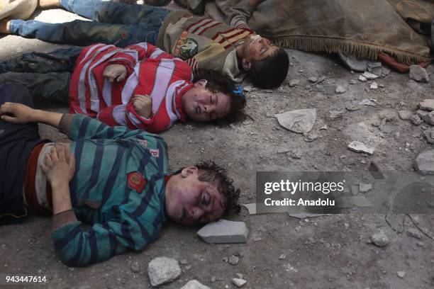 Dead bodies of Syrian kids are seen after Assad regime forces allegedly conducted poisonous gas attack to Douma town of Eastern Ghouta in Damascus,...