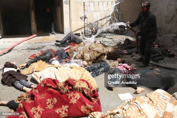 Dead bodies of Syrian kids are seen after Assad regime forces allegedly conducted poisonous gas attack to Douma town of Eastern Ghouta in Damascus,...