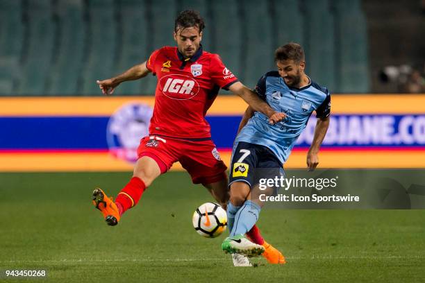 Sydney FC defender Michael Zullo plays a pass under pressure from Adelaide United forward Nikola Mileusnic at the A-League Soccer Match between...