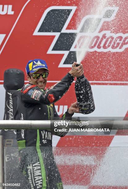 Yamaha biker Johann Zarco of France celebrates his second place at the podium of the MotoGP race of the Argentina Grand Prix at Termas de Rio Hondo...