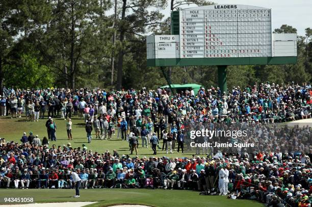 Rory McIlroy of Northern Ireland putts for eagle and misses on the second hole during the final round of the 2018 Masters Tournament at Augusta...