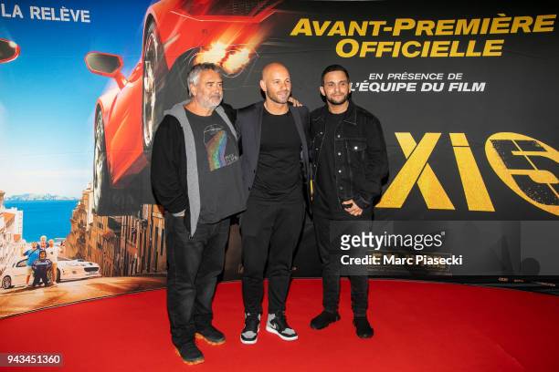Luc Besson, Franck Gastambide and Malik Bentalha attend the 'Taxi 5' Premiere at Le Grand Rex on April 8, 2018 in Paris, France.