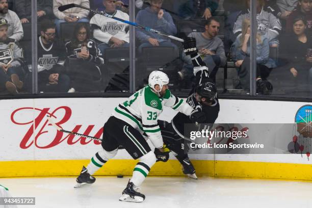 Dallas Stars defenseman Marc Methot checks Los Angeles Kings center Anze Kopitar during an NHL regular season game on Saturday, April 7, 2018 at...