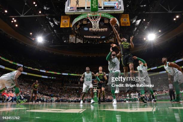 Isaiah Taylor of the Atlanta Hawks goes to the basket against the Boston Celtics on April 8, 2018 at the TD Garden in Boston, Massachusetts. NOTE TO...